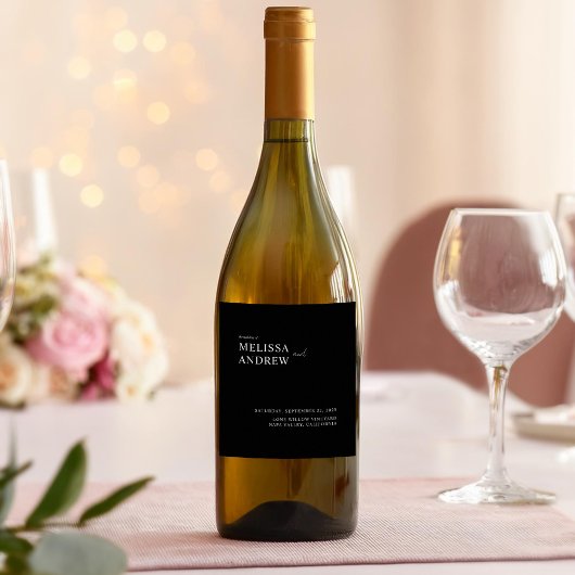 Elegante Minimalistische Schwarz-Weiß-Hochzeit Weinetikett