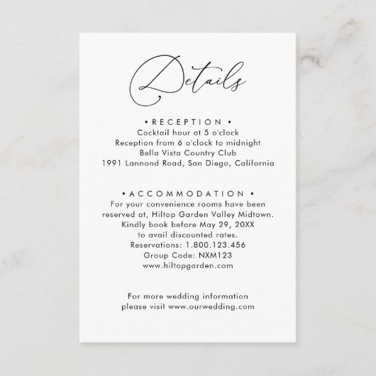 Elegante minimalistische Schwarz-Weiß-Hochzeitsdet Begleitkarte (Vorderseite)