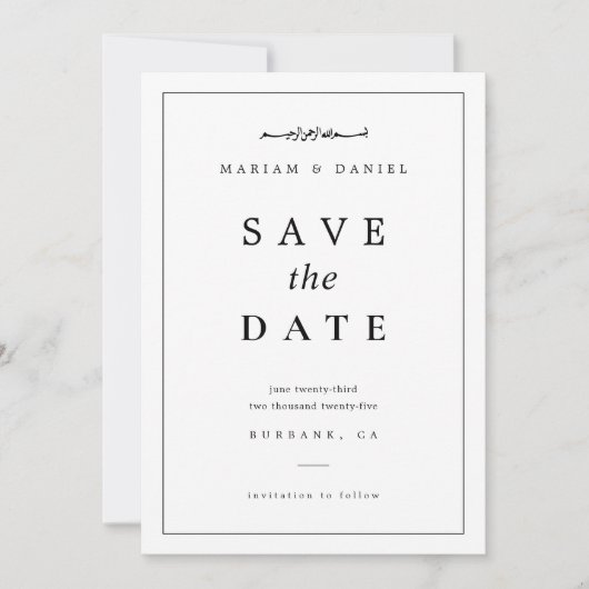 Elegante Minimalistische Schwarz-Weiß-Islamische H Save The Date (Vorderseite)