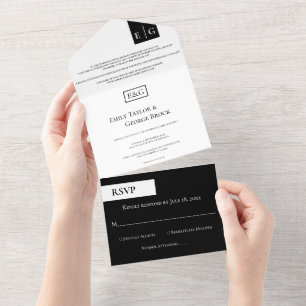 Elegante Minimalistische Schwarz-Weiß-Monogramm-Ho All In One Einladung