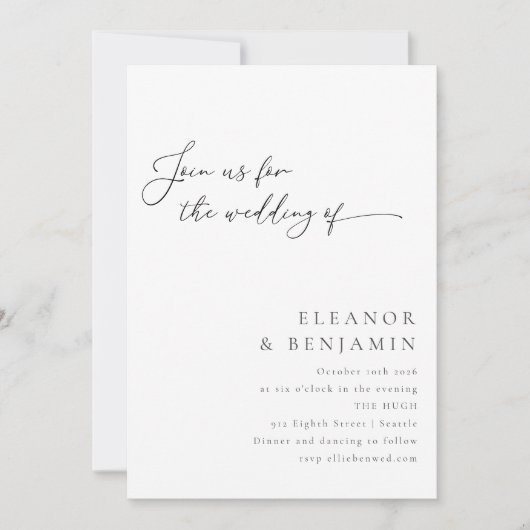 Elegante Minimalistische Schwarz-Weiß-Script-Hochz Einladung (Vorderseite)