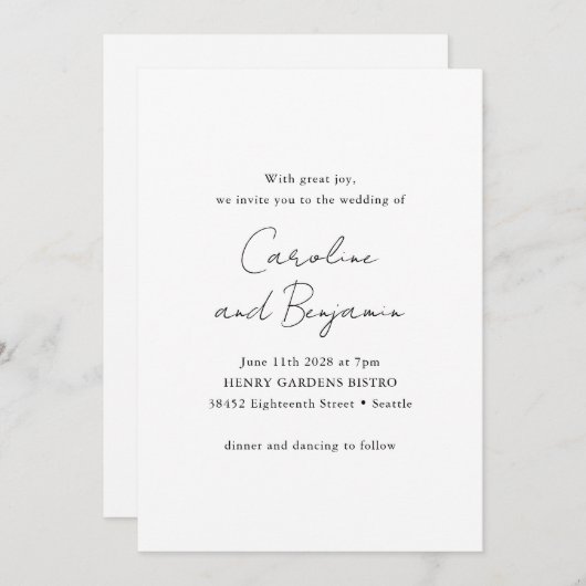 Elegante Minimalistische Schwarz-weiße Skripthochz Einladung (Vorne/Hinten)