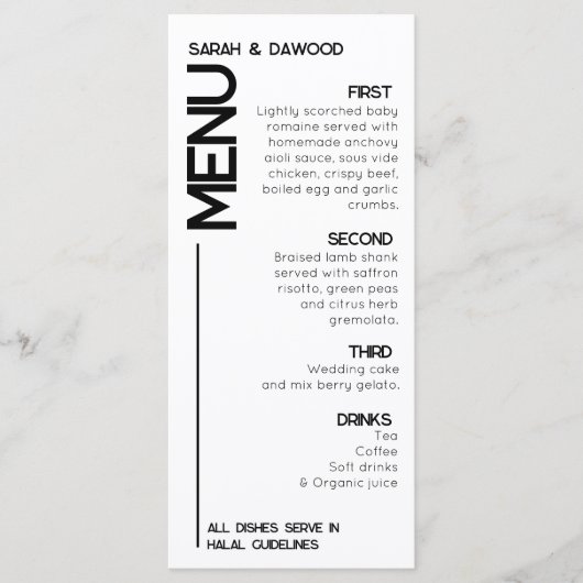 Elegante Minimalistische Schwarze Heirat Menükarte (Vorderseite)