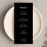 Elegante Minimalistische Schwarze Hochzeit Menükarte<br><div class="desc">Dieses elegante Minimalistische Black Wedding Menu verbindet minimalistisches Design mit zeitgenössischer Eleganz. Der zeitlose Schwarz-Reiz verleiht Ihrem besonderen Tag eine Touch Raffinesse. Dieses einfache, aber auffällige Stück wurde mit Präzision und Liebe zum Detail gestaltet und zeichnet sich durch eine faszinierende Kalligraphie-Schrift aus, die Ihr kulinarisches Erlebnis steigert. Dieses auf Minimalismus...</div>