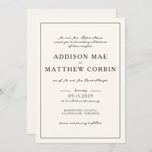 Elegante Minimalistische Script Cream Wedding Einl Einladung (Vorne/Hinten)