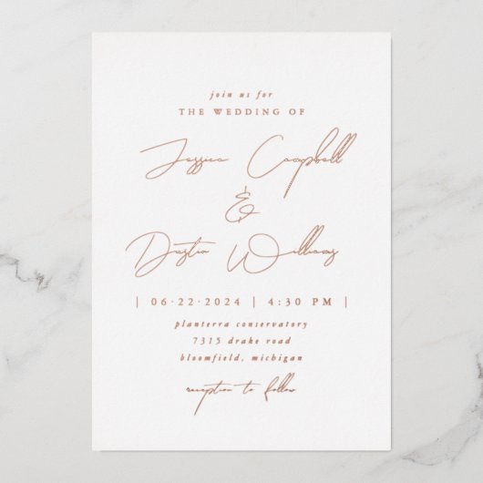 Elegante Minimalistische Script-Hochzeit Folieneinladung (Vorderseite)