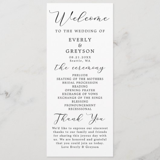 Elegante Minimalistische Script-Hochzeit Programm (Vorderseite)