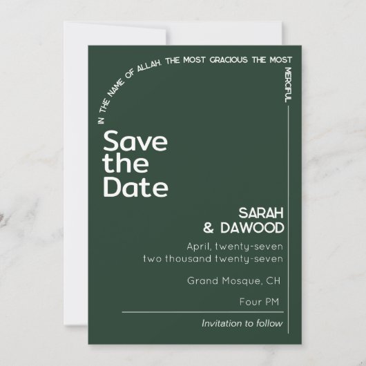 Elegante Minimalistische Smaragdgrüne Hochzeit Save The Date (Vorderseite)