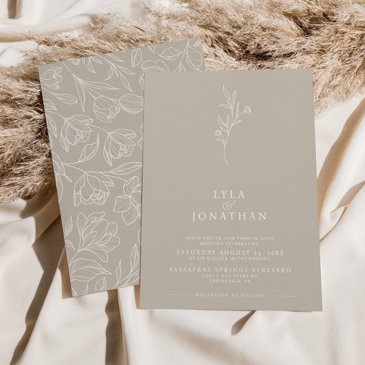 Elegante Minimalistische Taupe & White Floral Wedd Einladung