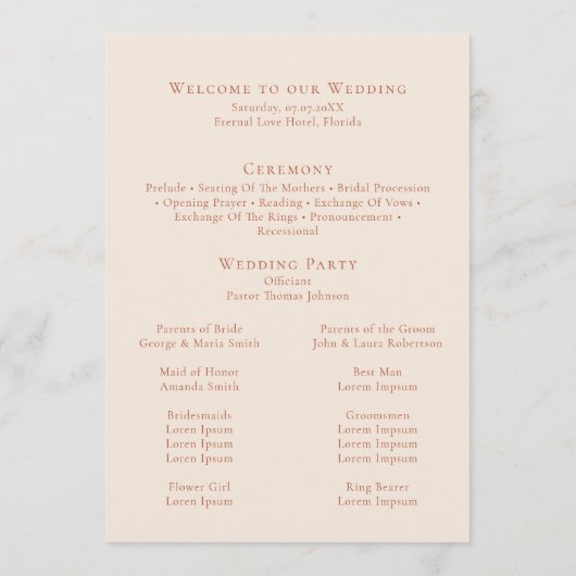 Elegante Minimalistische Terracotta Monogram Weddi Programm (Rückseite)