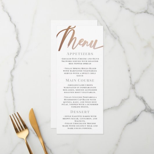 Elegante Minimalistische White Rose Gold Script Ho Menükarte (Vorderseite/Rückseite Beispiel)