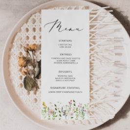 Elegante minimalistische Wildblumen-Hochzeitsmenü Menükarte