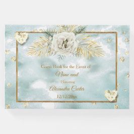 Elegante Mint Aquamarin Blue Gold Marmor Rose Blum Gästebuch