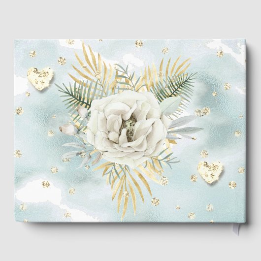 Elegante Mint Aquamarin Blue Gold Marmor Rose Blum Gästebuch (Rückseite)