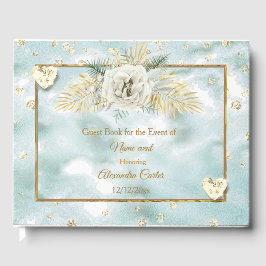 Elegante Mint Aquamarin Blue Gold Marmor Rose Blum Gästebuch