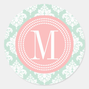 Elegante Mint Damask Personalisiert Runder Aufkleber