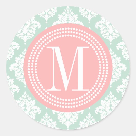 Elegante Mint Damask Personalisiert Runder Aufkleber (Vorderseite)
