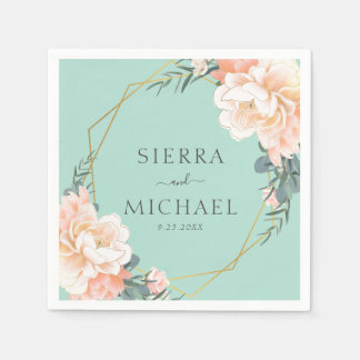 Elegante Mint Green Floral Peach Gold Hochzeit Serviette