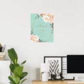 Elegante Mint Green Gold Blush Peach Floral Weddin Poster (Heimbüro)