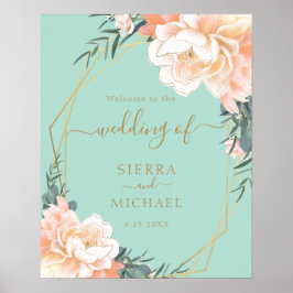 Elegante Mint Green Gold Blush Peach Floral Weddin Poster