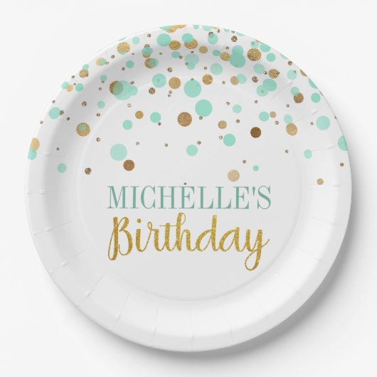 Elegante Mint Green Gold Confetti Girl Birthday Pappteller (Vorderseite)