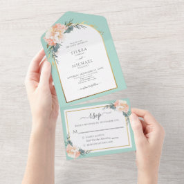 Elegante Mint Green Gold Peach Cream Floral Weddin All In One Einladung