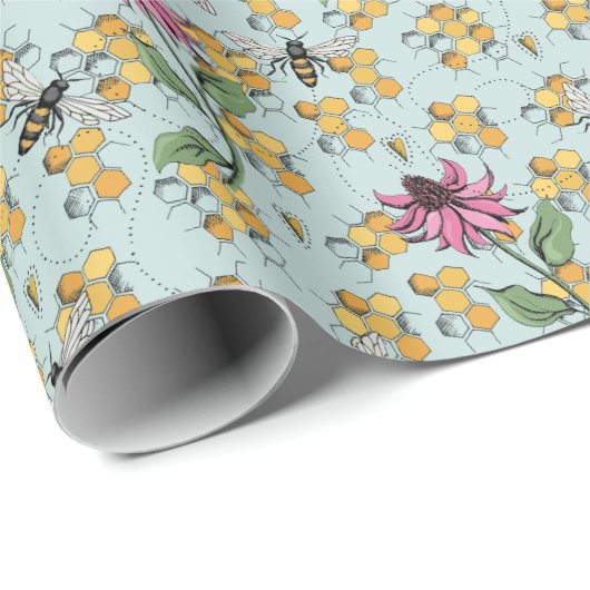Elegante Mint Queen Bee, Honeycomb & Blume Geschenkpapier (Rolleneckpunkt)
