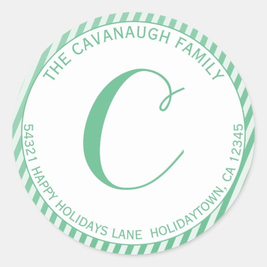 Elegante Mint Silver Stripe Monogramm-Adresse Runder Aufkleber (Vorderseite)