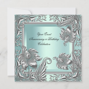 Elegante Mintblaue Silberne Blumenparty Einladung