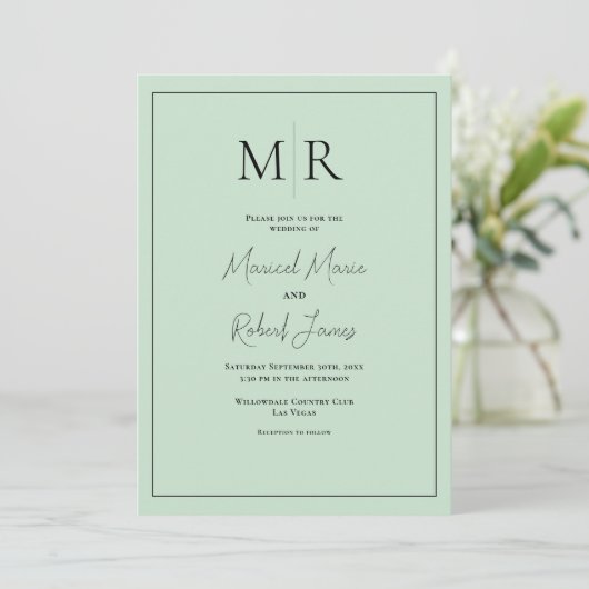 Elegante, mintgrüne Monogramm-Moderne Hochzeit Einladung (Stehend Vorderseite)