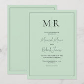 Elegante, mintgrüne Monogramm-Moderne Hochzeit Einladung (Vorne/Hinten)