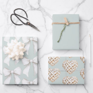 Elegante mintgrüne weiße Herzen Schleifen Brautpar Geschenkpapier Set