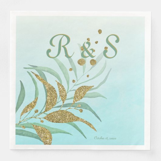 Elegante Minze, Gold Watercolor Foliage Monogramm Serviette (Vorderseite)