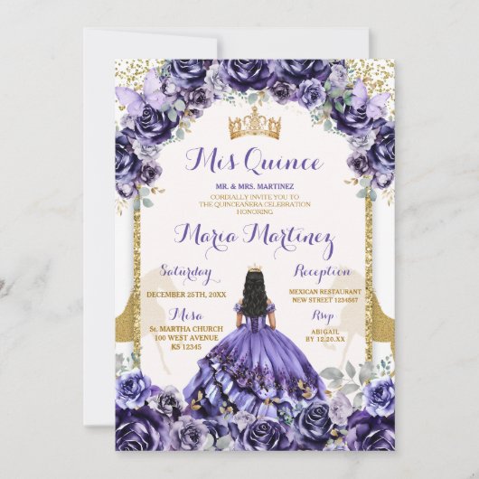 Elegante Mis Quince Lila & Butterfly Blume Einladung (Vorderseite)
