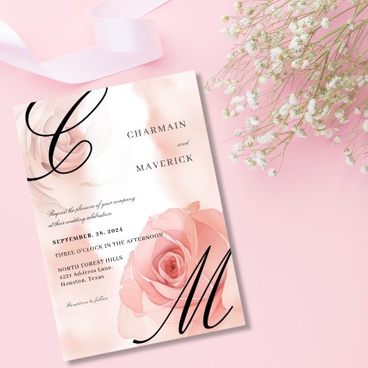 Elegante Mist Blush Pink Monogram Wedding Einladung