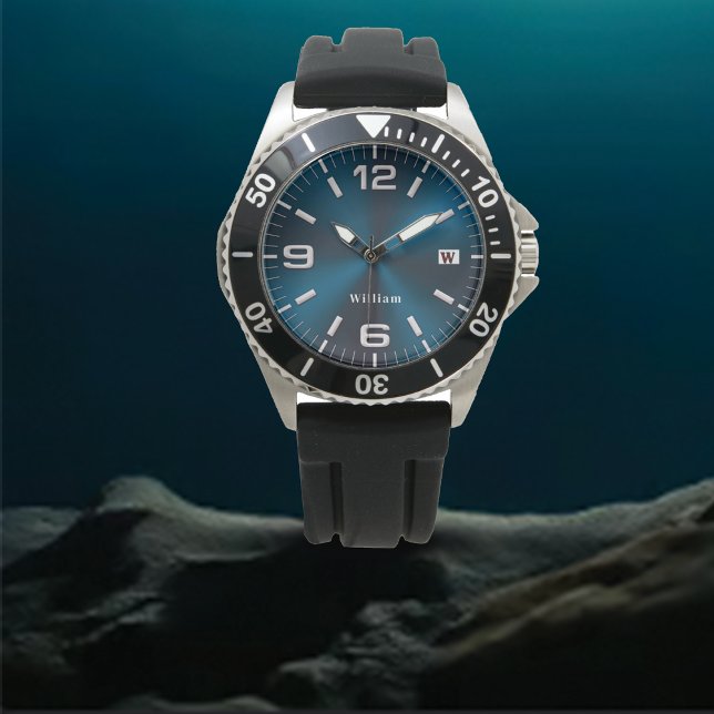 Elegante Mit Monogramm Blue Brushed Metallic Watch Armbanduhr (Von Creator hochgeladen)