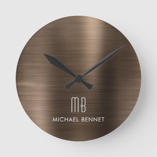 Elegante Mit Monogramm Bronze-Brushed Metallic Runde Wanduhr (Vorderseite)