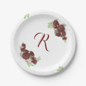 Elegante Mit Monogramm Burgundy Rose Papierplatte Pappteller (Vorderseite)