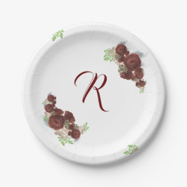 Elegante Mit Monogramm Burgundy Rose Papierplatte Pappteller