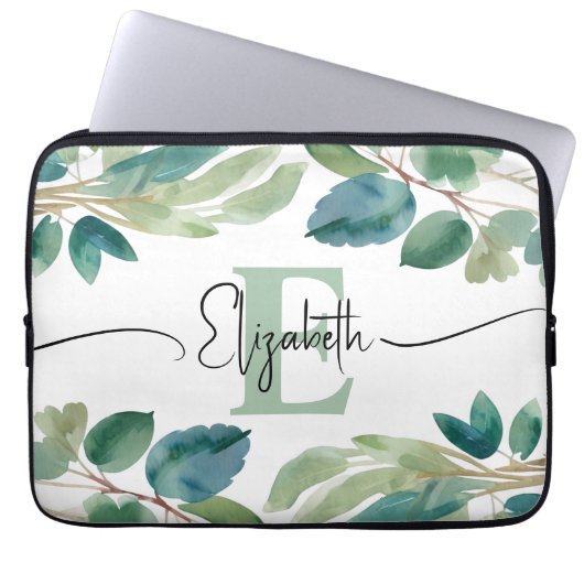 Elegante Mit Monogramm Eukalyptus-Vegetation Laptopschutzhülle (Vorderseite)