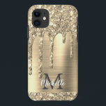 Elegante Mit Monogramm Gold Glitzer Tropfen Gold M Case-Mate iPhone Hülle<br><div class="desc">Moderne,  gürtelgoldene Glitzer Tropfen Name und mit Monogramm iPhone Gehäuse. Dieses Design bietet gelbe goldfarbene Glitzer-Tropfen auf goldgebürstetem Metallhintergrund mit personalisierter Monogramm-Initial- und Vorname-Textvorlage. Perfektes weibliches Geschenk. Wenn Sie Hilfe oder passende Artikel benötigen,  kontaktieren Sie mich bitte.</div>