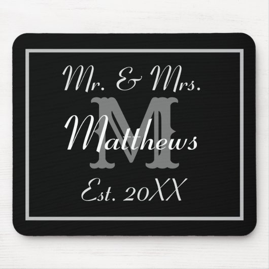 Elegante Mit Monogramm Hochzeit in Schwarz und Wei Mousepad (Vorne)
