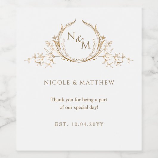 Elegante Mit Monogramm Hochzeit in Weiß und Gold Weinetikett (Einzelnes Label)