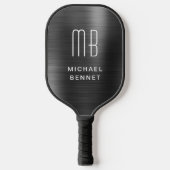 Elegante Mit Monogramm Imitate Schwarz gebürstete Pickleball Schläger (Vorderseite)