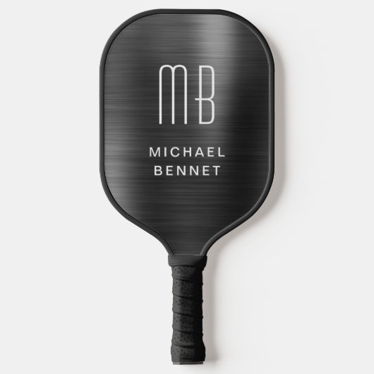 Elegante Mit Monogramm Imitate Schwarz gebürstete Pickleball Schläger (Vorderseite)