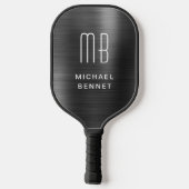 Elegante Mit Monogramm Imitate Schwarz gebürstete Pickleball Schläger (Rückseite)
