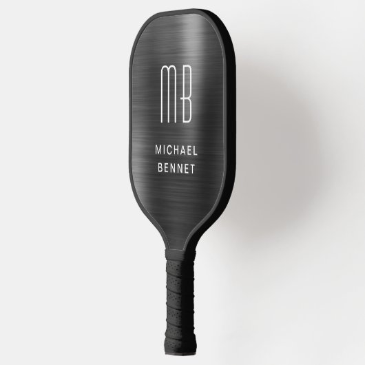 Elegante Mit Monogramm Imitate Schwarz gebürstete Pickleball Schläger (Links)
