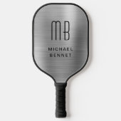 Elegante Mit Monogramm Imitate Silver Brushed Meta Pickleball Schläger (Vorderseite)