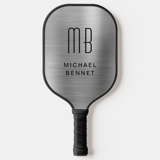 Elegante Mit Monogramm Imitate Silver Brushed Meta Pickleball Schläger (Vorderseite)