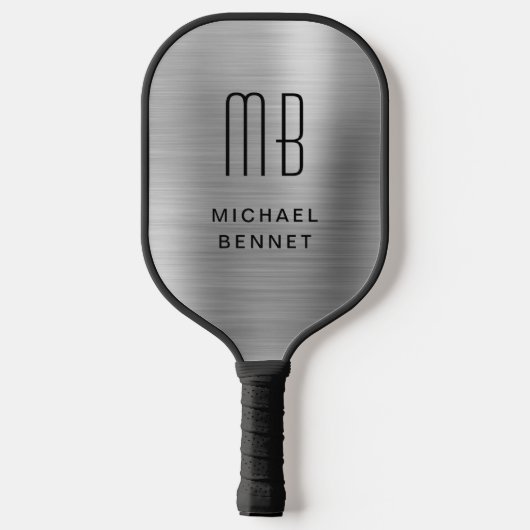 Elegante Mit Monogramm Imitate Silver Brushed Meta Pickleball Schläger (Rückseite)